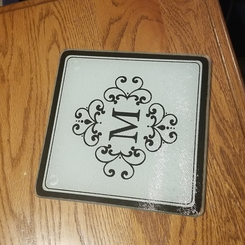 Initial Letter M 8 inches x 8 inches Glass Cutting Board Trivet